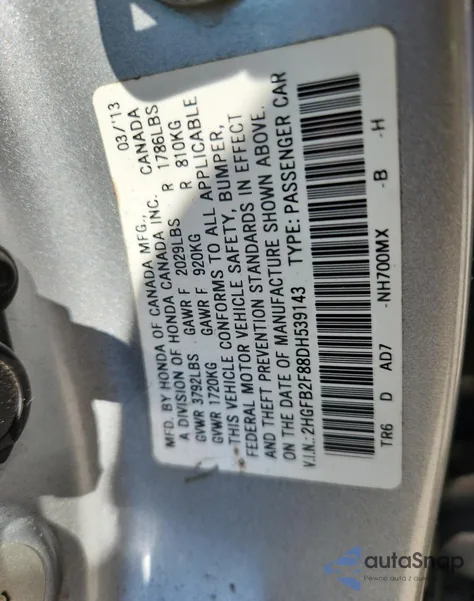 2013 Honda Civic Ex from USA, damaged, VIN 2HGFB2F88DH539143